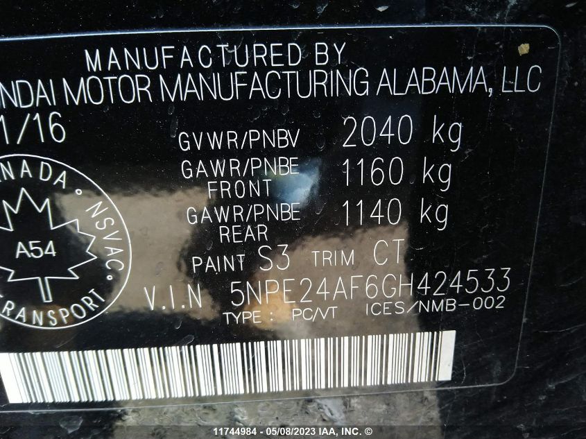 2016 Hyundai Sonata Se VIN: 5NPE24AF6GH424533 Lot: 11744984