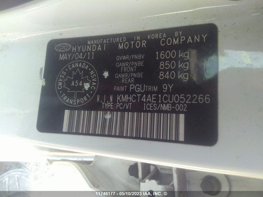 2012 Hyundai Accent VIN: KMHCT4AE1CU052266 Lot: 11748177