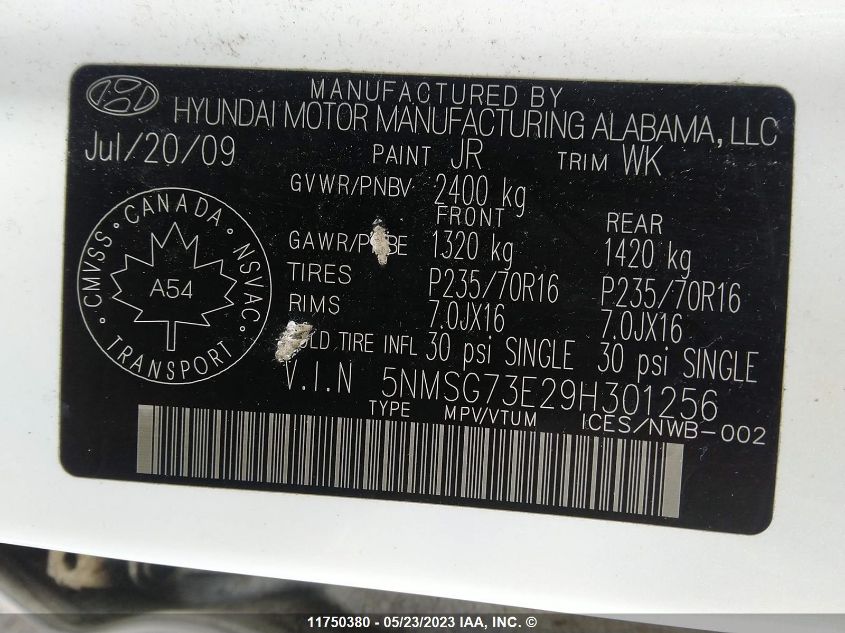 2009 Hyundai Santa Fe Gl/Gls VIN: 5NMSG73E29H301256 Lot: 11750380