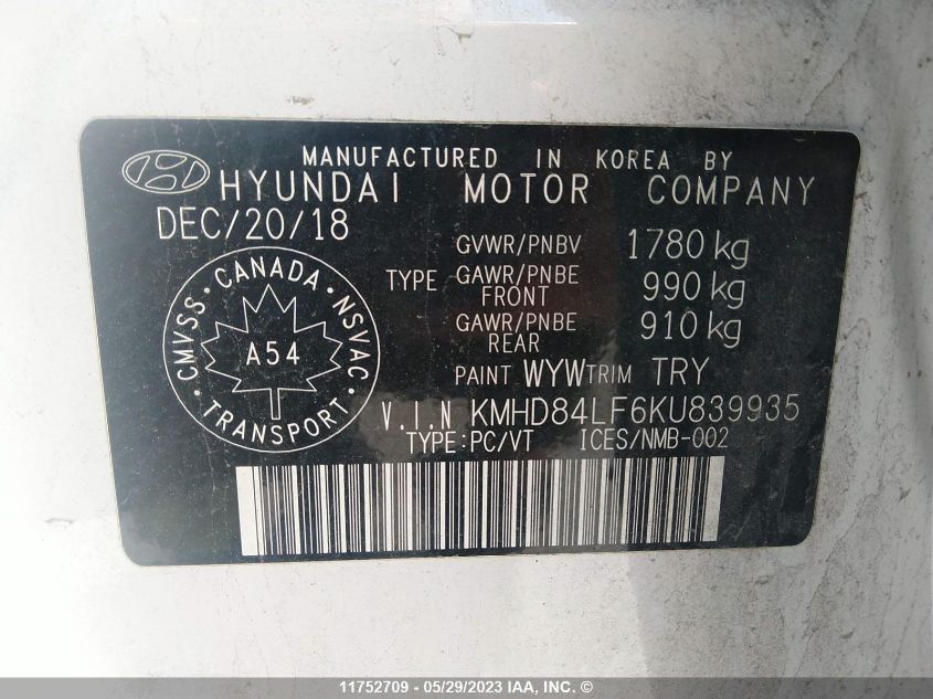 2019 Hyundai Elantra Sel/Value/Limited VIN: KMHD84LF6KU839935 Lot: 11752709