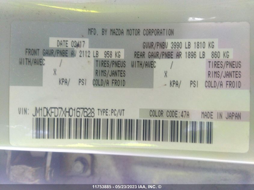2017 Mazda Cx-3 VIN: JM1DKFD7XH0167628 Lot: 11753885