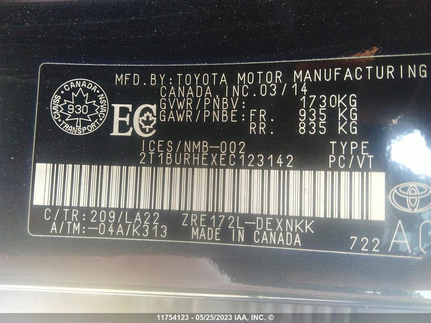 2014 Toyota Corolla L/Le/Le Pls/Prm/S/S Pls VIN: 2T1BURHEXEC123142 Lot: 11754123