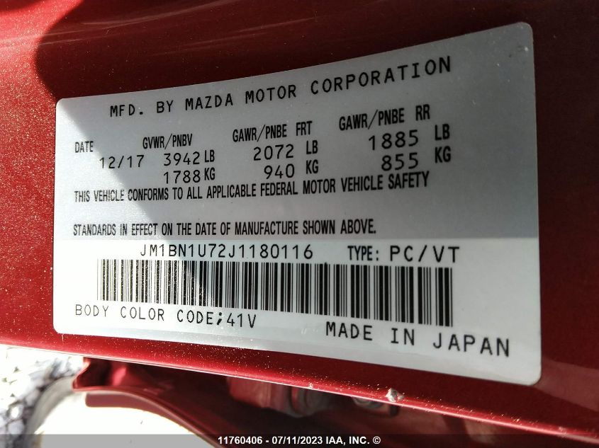 2018 Mazda 3 Mazda VIN: JM1BN1U72J1180116 Lot: 11760406