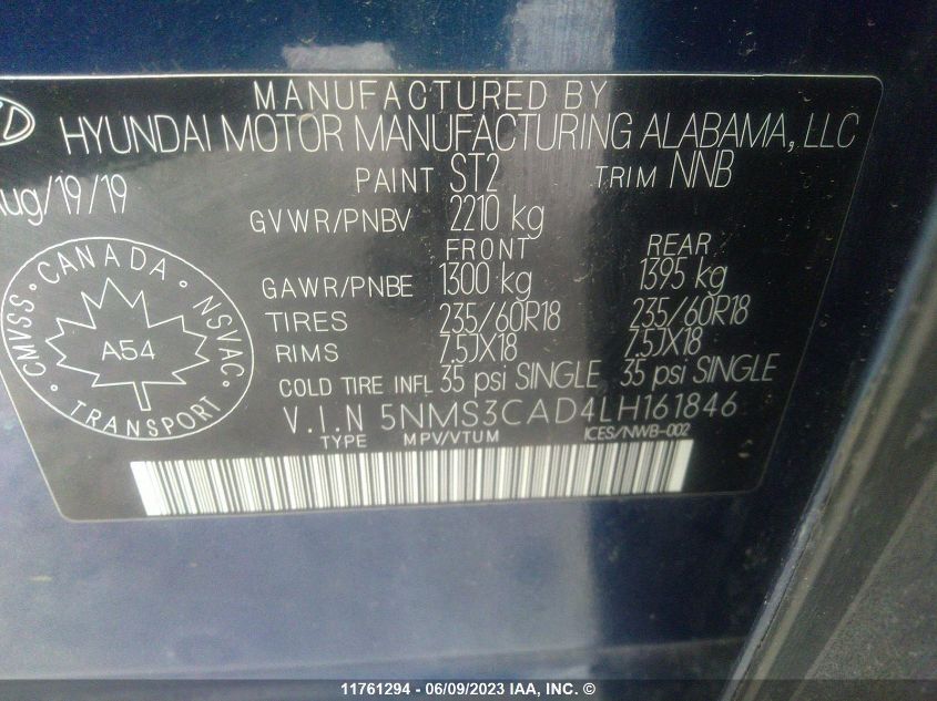 2020 Hyundai Santa Fe Sel/Sel Plus VIN: 5NMS3CAD4LH161846 Lot: 11761294