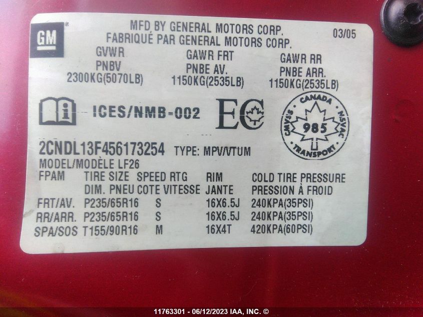 2005 Chevrolet Equinox VIN: 2CNDL13F456173254 Lot: 11763301