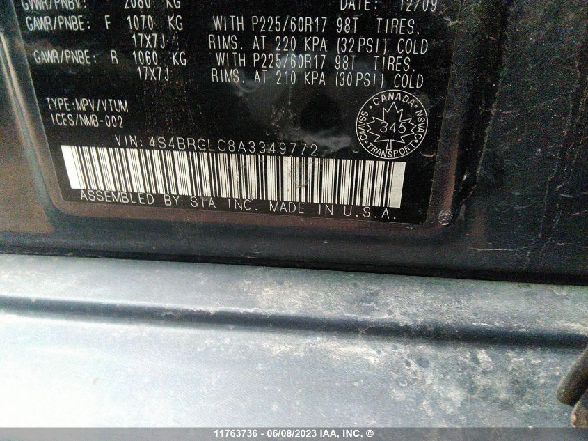 2010 Subaru Outback 2.5I Limited VIN: 4S4BRGLC8A3349772 Lot: 11763736