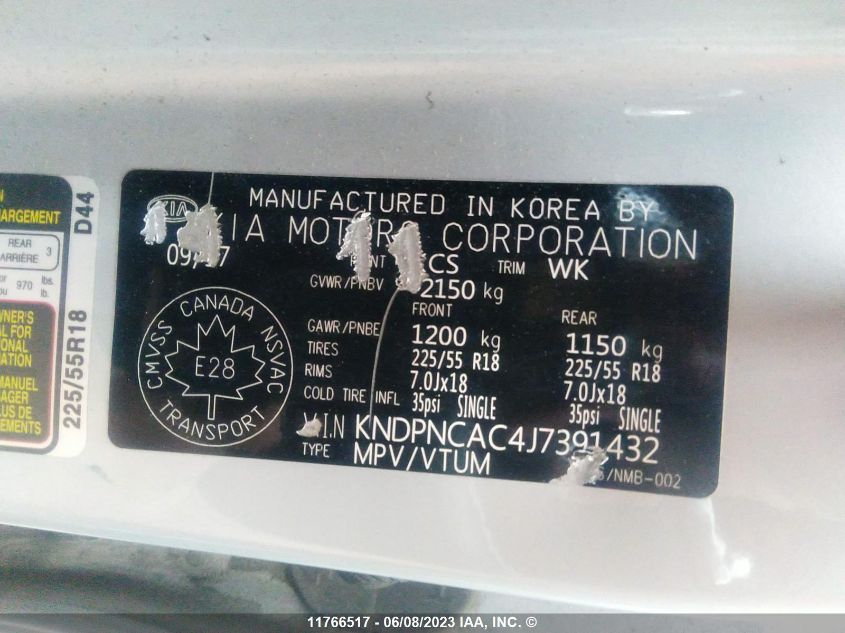 2018 Kia Sportage Ex VIN: KNDPNCAC4J7391432 Lot: 11766517