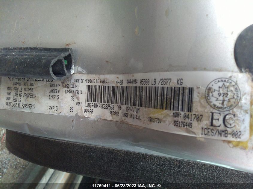 2008 Jeep Grand Cherokee Laredo VIN: 1J8GR48K78C222569 Lot: 11769411