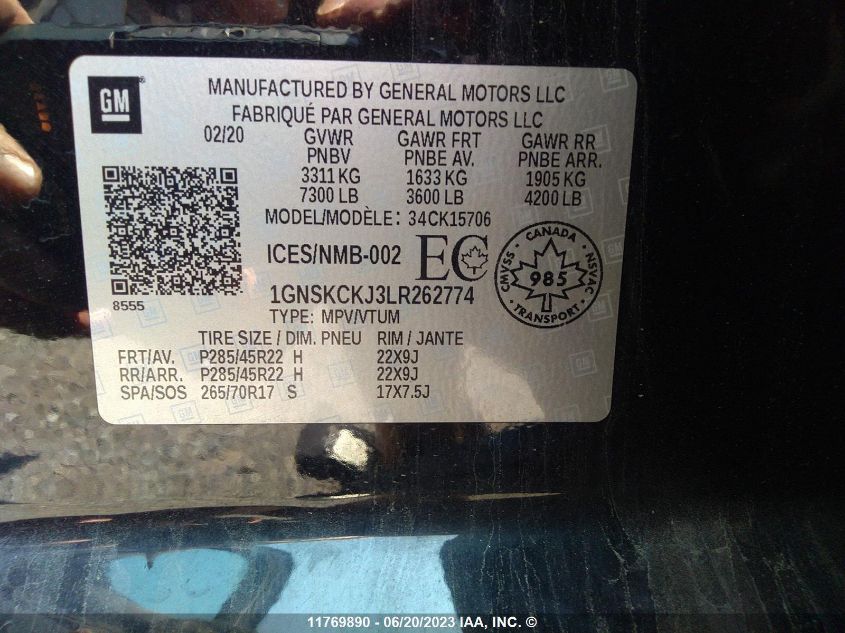 2020 Chevrolet Tahoe K1500 Premier VIN: 1GNSKCKJ3LR262774 Lot: 11769890