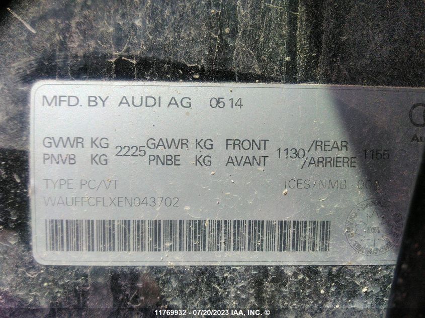 2014 Audi A4 VIN: WAUFFCFLXEN043702 Lot: 11769932