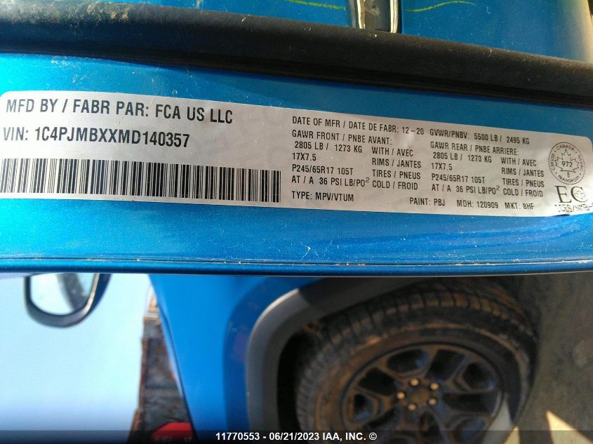 2021 Jeep Cherokee Trailhawk VIN: 1C4PJMBXXMD140357 Lot: 11770553