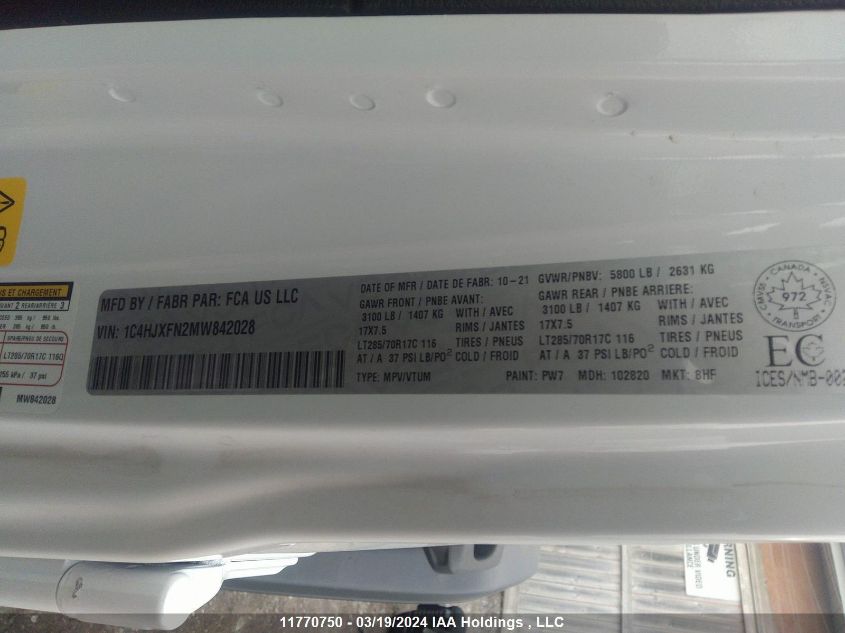 2021 Jeep Wrangler Unlimited Rubicon VIN: 1C4HJXFN2MW842028 Lot: 11770750