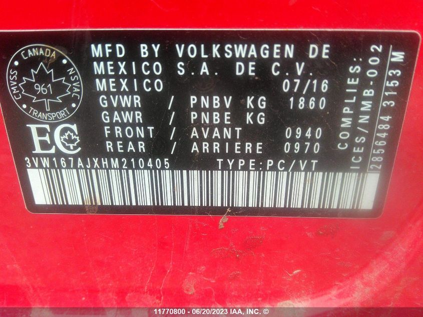 2017 Volkswagen Jetta S VIN: 3VW167AJXHM210405 Lot: 11770800