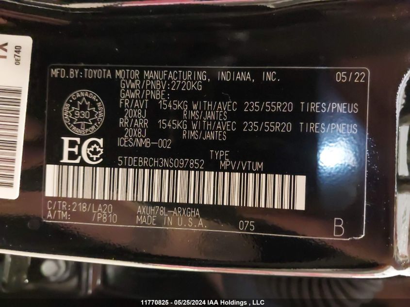 2022 Toyota Highlander Hybrid Platinum VIN: 5TDEBRCH3NS097852 Lot: 11770825