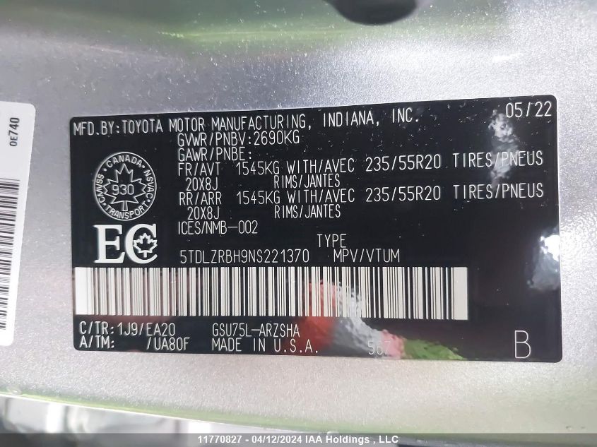 2022 Toyota Highlander Xse VIN: 5TDLZRBH9NS221370 Lot: 11770827