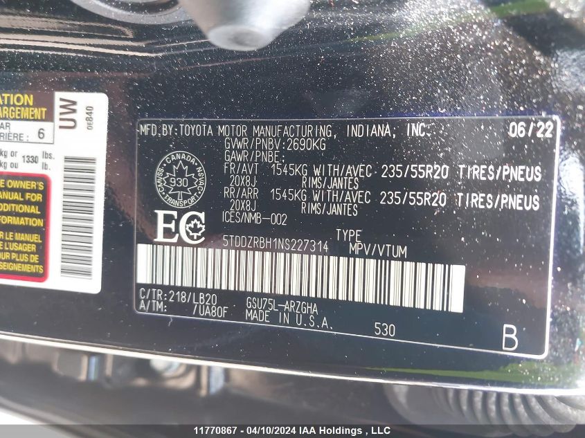 2022 Toyota Highlander Limited/Platinum VIN: 5TDDZRBH1NS227314 Lot: 11770867