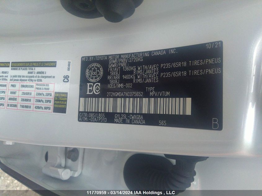 2022 Lexus Rx 450H VIN: 2T2HGMDA7NC075652 Lot: 11770959