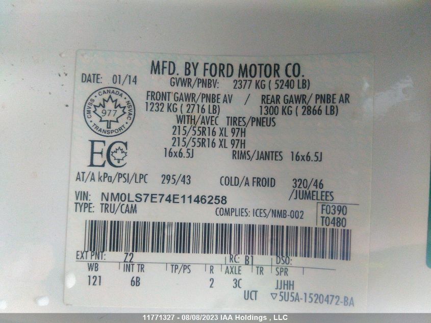 2014 Ford Transit Connect Xl VIN: NM0LS7E74E1146258 Lot: 11771327