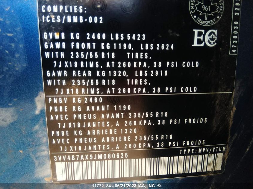 2018 Volkswagen Tiguan VIN: 3VV4B7AX9JM080625 Lot: 11772184