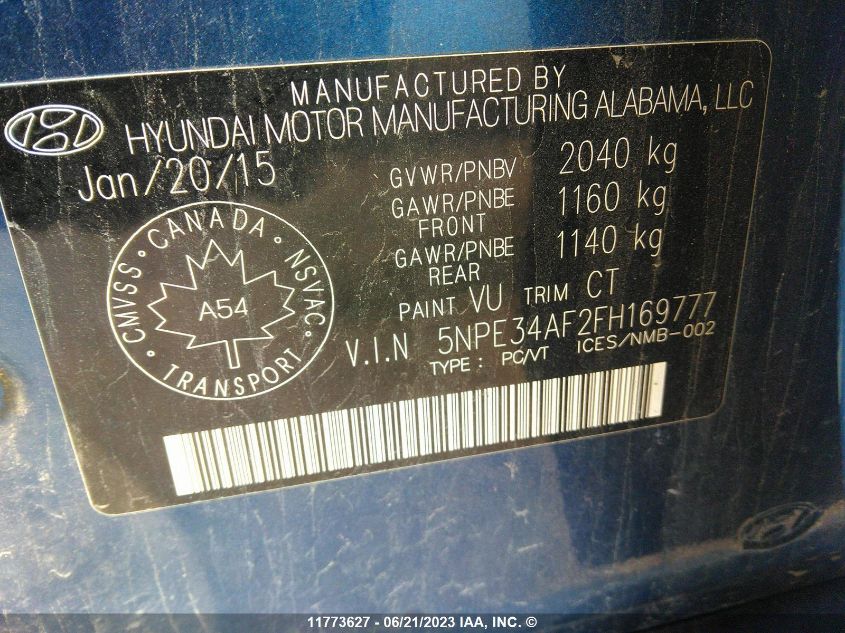 2015 Hyundai Sonata VIN: 5NPE34AF2FH169777 Lot: 11773627