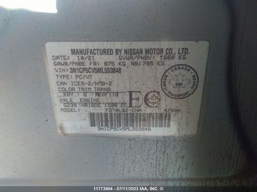 2021 Nissan Kicks Sv VIN: 3N1CP5CV5ML553848 Lot: 11773904