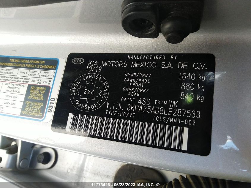 2020 Kia Rio Lx/S VIN: 3KPA25AD8LE287533 Lot: 11775426