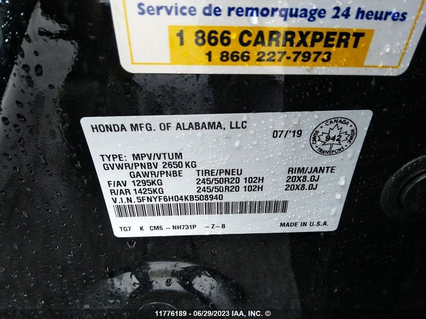 2019 Honda Pilot Elite VIN: 5FNYF6H04KB508940 Lot: 11776189