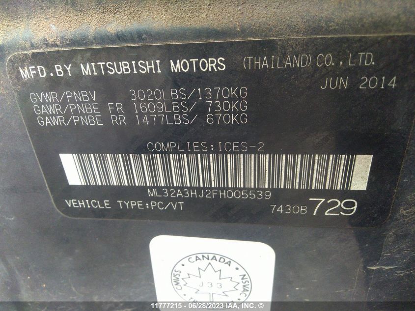 2015 Mitsubishi Mirage De VIN: ML32A3HJ2FH005539 Lot: 11777215