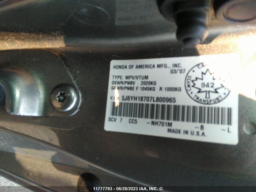 2007 Honda Element Ex VIN: 5J6YH18707L800965 Lot: 11777793