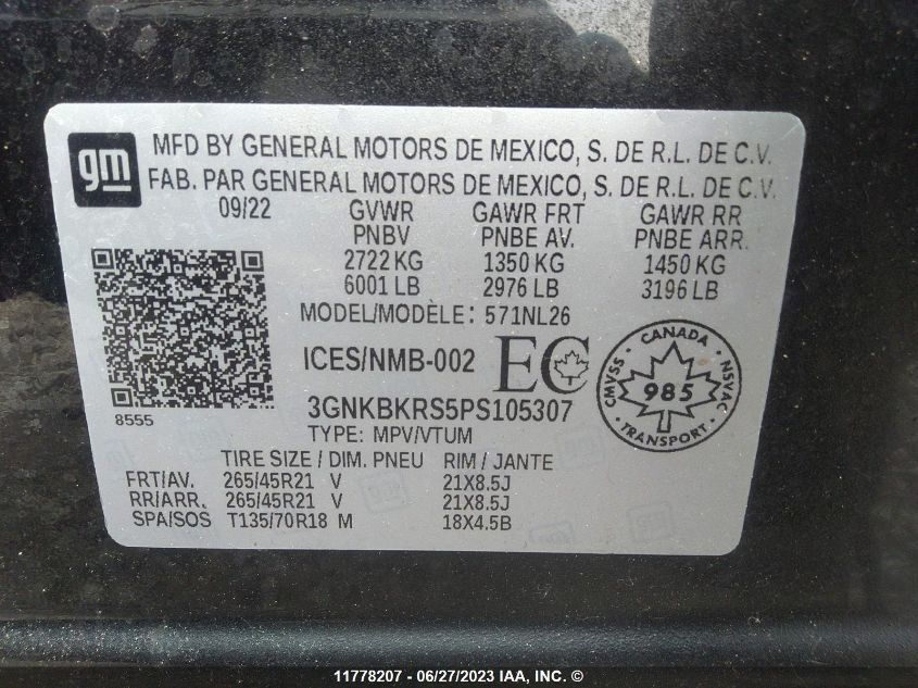 2023 Chevrolet Blazer Rs VIN: 3GNKBKRS5PS105307 Lot: 11778207