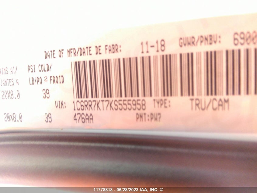 2019 Dodge Ram 1500 VIN: 1C6RR7KT7KS555958 Lot: 11778818