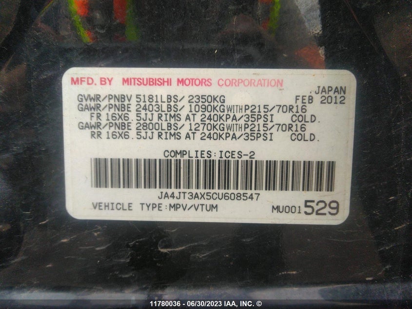 2012 Mitsubishi Outlander Se VIN: JA4JT3AX5CU608547 Lot: 11780036