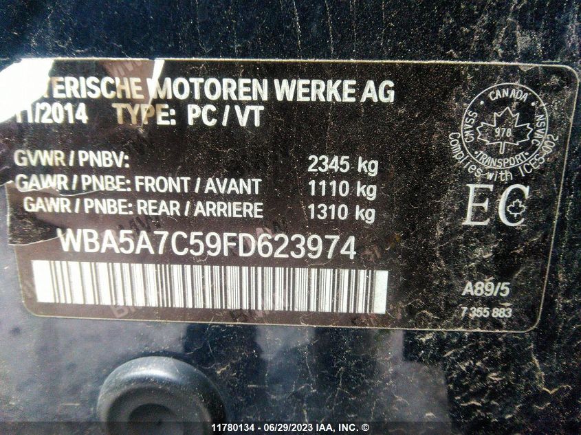 2015 BMW 528 Xi VIN: WBA5A7C59FD623974 Lot: 11780134