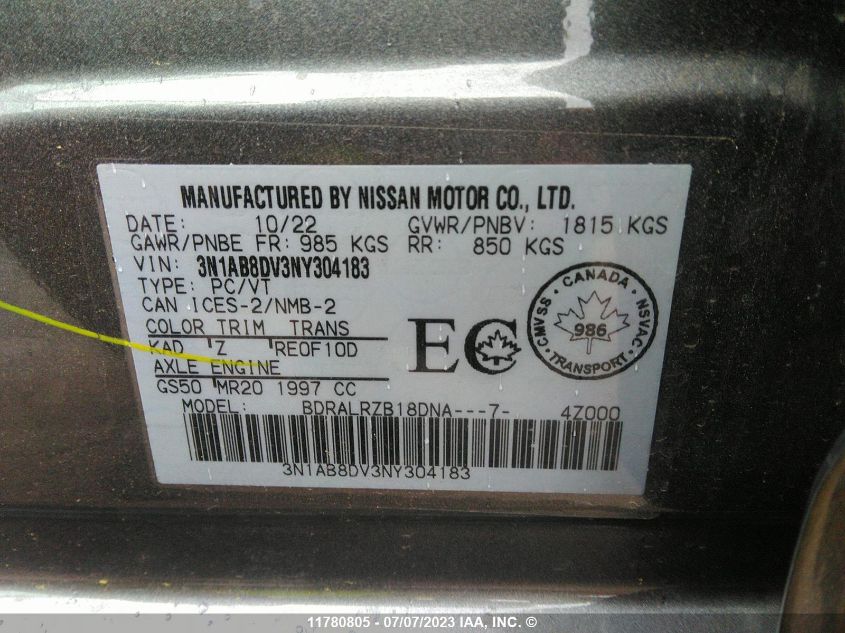 2022 Nissan Sentra Sr VIN: 3N1AB8DV3NY304183 Lot: 11780805