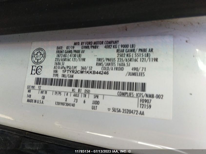 2019 Ford Transit T-250 VIN: 1FTYR2CM1KKB44246 Lot: 11785134