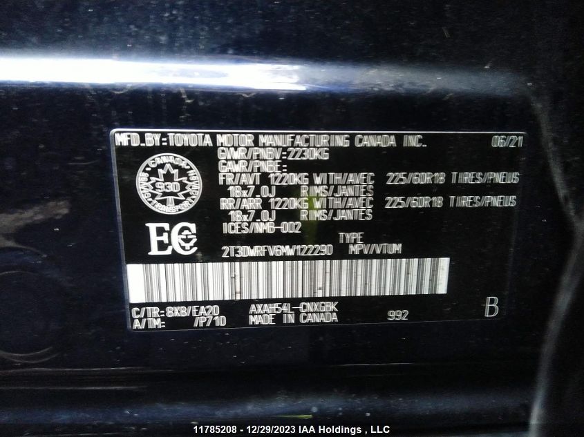 2T3DWRFV6MW122290 2021 Toyota Rav4 Limited