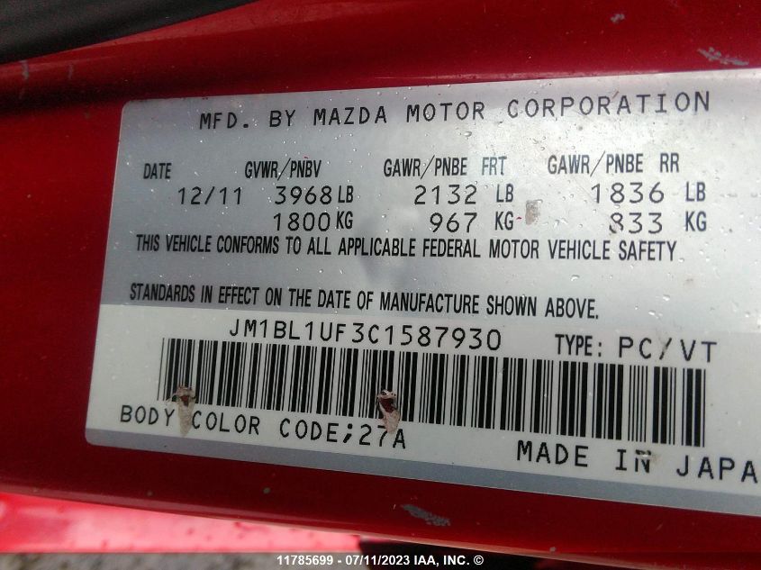2012 Mazda 3 I VIN: JM1BL1UF3C1587930 Lot: 11785699