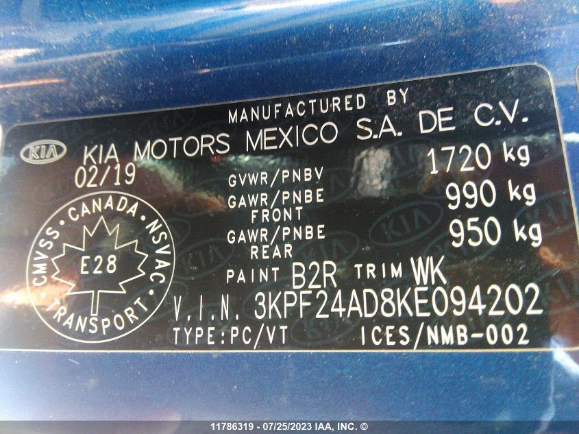 2019 Kia Forte Fe/Lx/Lxs VIN: 3KPF24AD8KE094202 Lot: 11786319