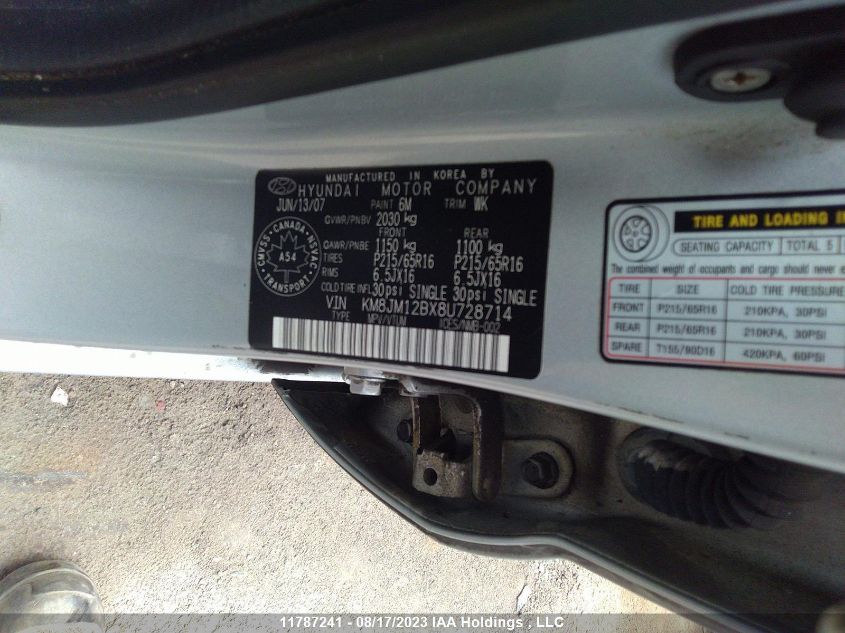 2008 Hyundai Tucson Gls VIN: KM8JM12BX8U728714 Lot: 11787241