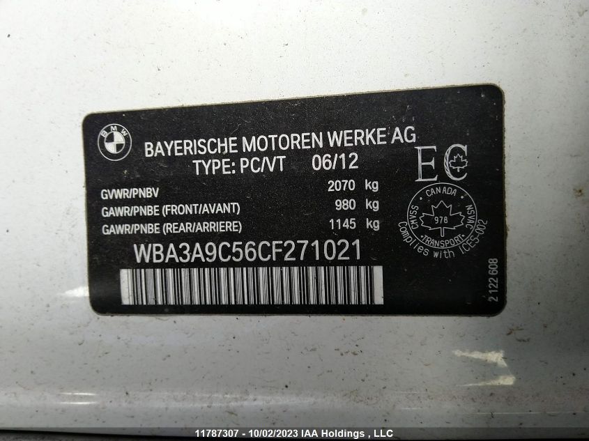 2012 BMW 335 I VIN: WBA3A9C56CF271021 Lot: 11787307