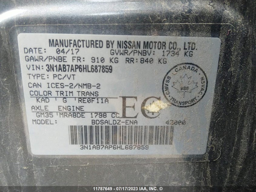 2017 Nissan Sentra S/Sv/Sr/Sl VIN: 3N1AB7AP6HL687859 Lot: 11787649