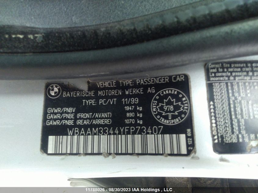 2000 BMW 323 I VIN: WBAAM3344YFP73407 Lot: 11788026