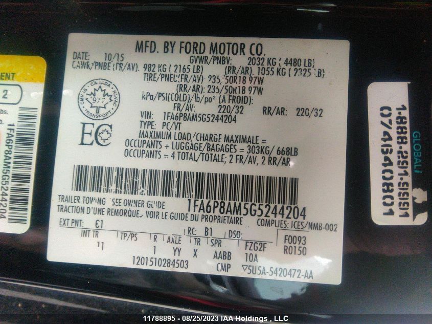 2016 Ford Mustang VIN: 1FA6P8AM5G5244204 Lot: 11788895