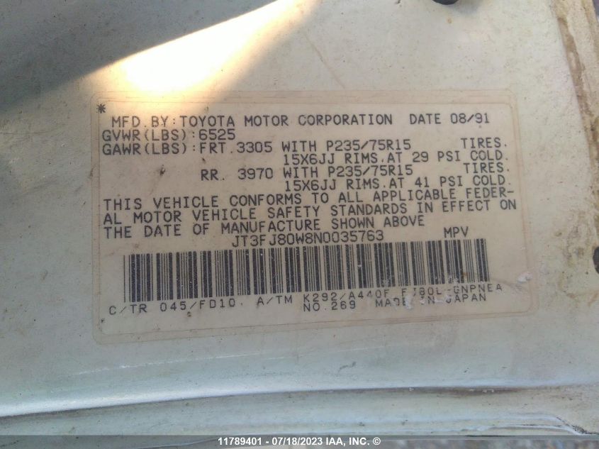 1992 Toyota Land Cruiser Fj80 VIN: JT3FJ80W8N0035763 Lot: 11789401