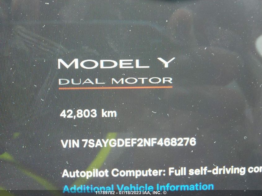 2022 Tesla Model Y VIN: 7SAYGDEF2NF468276 Lot: 11789782