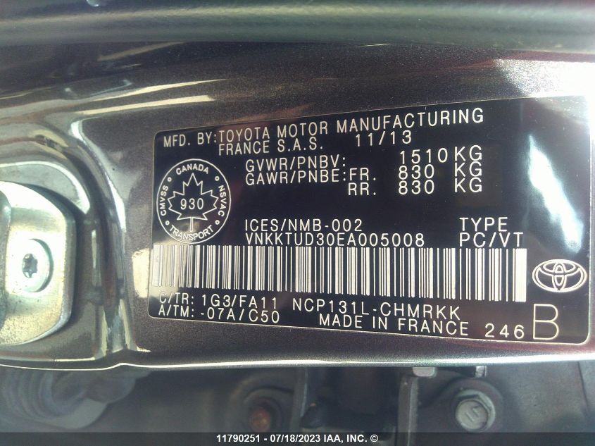 2014 Toyota Yaris VIN: VNKKTUD30EA005008 Lot: 11790251