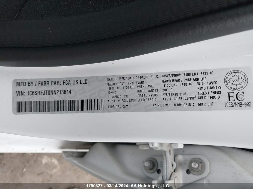 2022 Ram 1500 Laramie VIN: 1C6SRFJT8NN213614 Lot: 11790327