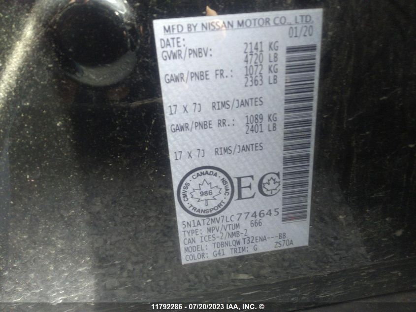 2020 Nissan Rogue VIN: 5N1AT2MV7LC774645 Lot: 11792286