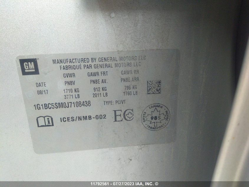 2018 Chevrolet Cruze Ls VIN: 1G1BC5SM0J7108438 Lot: 11792561