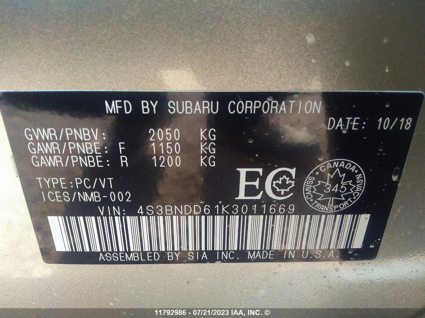 2019 Subaru Legacy 2.5I Premium VIN: 4S3BNDD61K3011669 Lot: 11792986